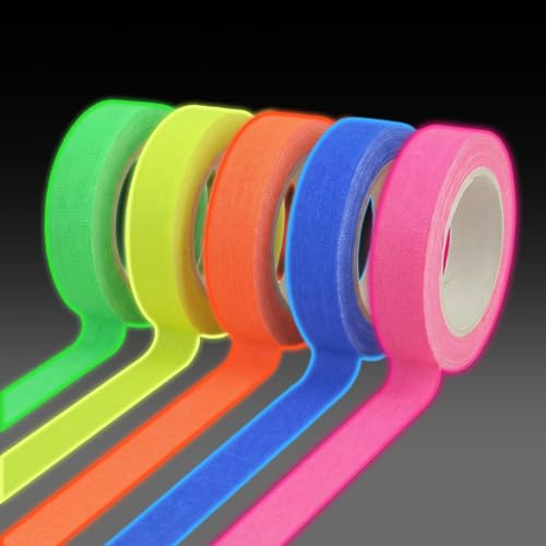 NVGVUP 5 Rollen Fluoreszierendes Klebeband: 15mm x 5m Neon Klebeband, Leuchtband Selbstklebend, Warnband Schwarzlicht Klebebands für Treppen Wänden Bühnenbedarf, Partydeko