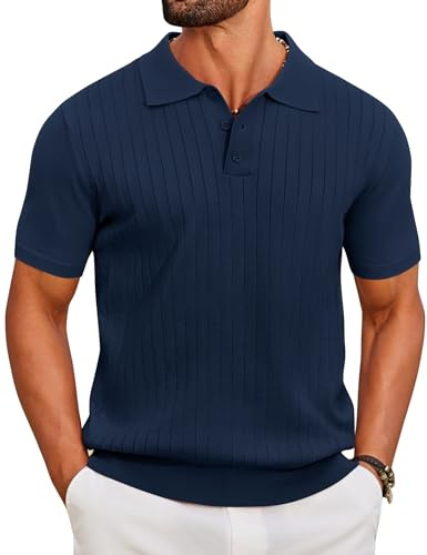 COOFANDY Polo Homme Été Tricoté Manches Courtes T-Shirt Golf Stretch Slim Fit Décontracté Bleu Marine L