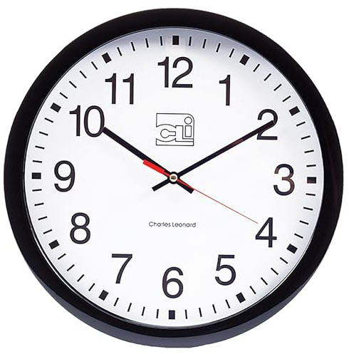 Charles Leonard Round Wall Clock, 14 Inch Thinline Quartz with 12 Inch Dial, Analog with Second Hand, Black/White (76820)