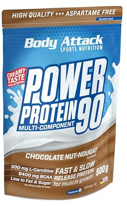 Body Attack Power Protein 90, Cioccolato-Torrone, 1 kg, 5K proteine in polvere con proteine del siero di latte, L-carnitina e BCAA per la costruzione muscolare e il fitness.