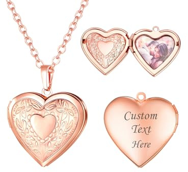 U7 Collier Coeur Amour Couple Photo Gravé Médaillon Locket Photo Personnalisable Femme Plaqué Or Rose Chaîne Pendentif Coeur avec Gravure Fleurs Cadeau Personnalisable Mariage