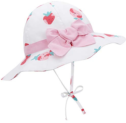 Durio Sonnenhut Kinder Baby Mädchen Sommerhut Sonnenschutz UPF 50 Sommer Kinderhut Fischerhut mit Breite Krempe Weiß mit Erdbeere L 2-4 Jahre