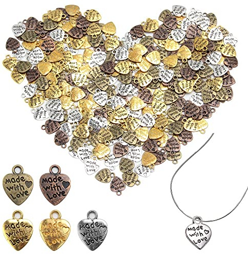 Keboyoe 250 Pezzi Ciondoli in Metallo Vintage di Cuore Realizzati a mano Ciondoli in Metallo Ciondolis con Scritta Cuoricini Pendenti per Gioielli fai da te Monili Decorazioni(5 Colori)
