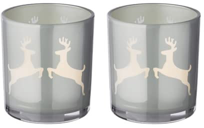 EDZARD 2er Set Teelichtglas Loki (Höhe 8 cm, Durchmesser 7,5 cm) grau/Gold, Windlicht mit Hirsch-Motiv