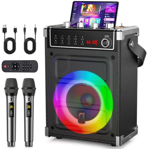 JYX Karaoke 2 Microfonos Inalambricos, Altavoz Bluetooth Karaoke Profesional con Graves/Agudos/Eco Ajustables, Luces LED, USB/SD/AUX/TWS/FM/Rec, Máquina de Karaoke para Fiestas y Adultos, Negro