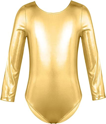 FUREINSTORE Justaucorps classique brillant élastique pour filles à manches longues et col rond (Or, 4 ans)