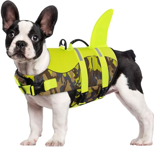 CITÉTOILE Simväst hund haj för små stora hundar, hund flytväst med hajfena haj, haj hund liv jacka, grön kamouflage flytväst för hundar med handtag och reflekterande, grön kamouflage, L