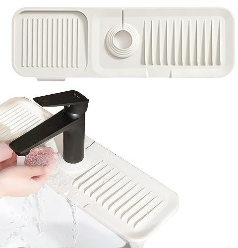 Jastown Tappetino per Rubinetto in Silicone 45x14cm, Paraspruzzi e Proteggi Lavello per Rubinetti da 3.5-6cm,Accessori lavandino Cucina, Vassoio Antigoccia per Cucina e Bagno (Bianco)