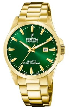 Festina Swiss Made Herrenuhr Analog Edelstahl 316L Gold - Quarz Datum - Saphirglas, Wasserdicht 10 ATM - F20044/5 Classic Steel