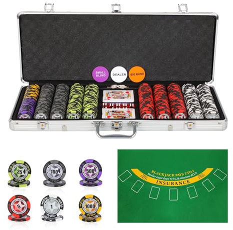 ORIENGEAR Poker Chip Set with Denominations, 500 PCS 14 Gram Clay Composite Casino Chips with Aluminum Case, 2 Decks of Cards and Game Tablecloth, for Texas Holdem Blackjack Gambling Games