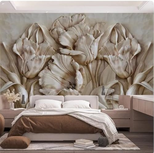 kfjhgbdshhj Papel tapiz 3D Naturaleza muerta Flor Tulipán Flor en relieve Jade Tallado Color Arenisca Papel tapiz personalizado, 3D, 430x300 cm