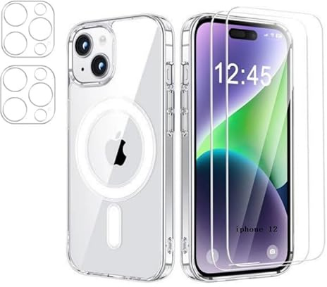 HQ-CLOUD® Coque Magnétique pour iPhone 12 6,1 Pouces avec 2 Verres Trempés et 2 Caméra Protecteur,Compatible avec MagSafe, Dos Anti Rayures, Transparent