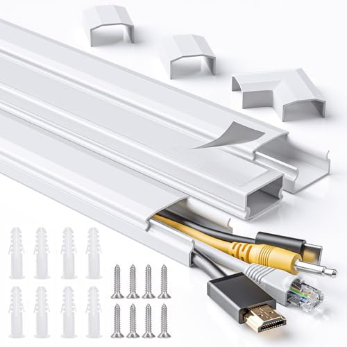 MUDEELA Goulotte Passe-Câbles, 1.2M Cache Câbles TV Mural, Plateau de Rangement de Câbles de Téléviseur, Peut Se Peindre, Découpables, Autocollant - 3 x 30mm (L) x 17mm (H) x 400mm (L) - Blanc