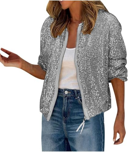 Veste Paillettes Femme Veste Sequins Bomber à Paillettes Fermeture éclair Blouson Vestes Paillette Sparkly Veste Brillante Scintillante Paillettes Cardigan Haut Tops Bolero Chic et Elegant