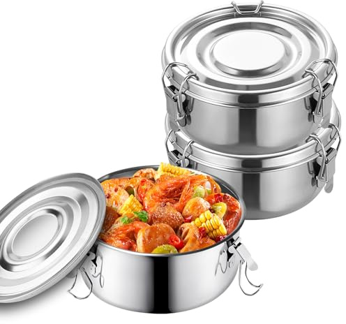 LEKEFETO Juego de 3 fiambreras redondas de acero inoxidable (12 cm) – Fiambrera a prueba de fugas para niños, acero inoxidable 304 con junta de silicona, ideal para aperitivos, sopas y cereales (250