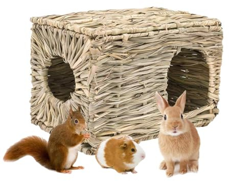 ZYYRSS Grass Bunny House, Foldable Woven Animal Hut, Play Hideaway Bed Hay Mat Chew Toy for Rabbit, Guinea Pigs, Gerbils, Hamster and Small Animals, 30x20x20cm