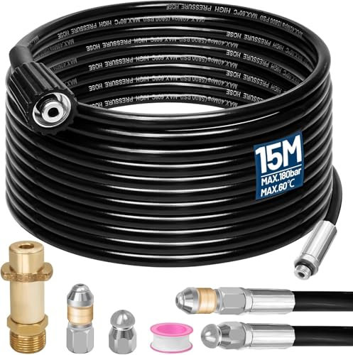 15M Furet, 180 Bar 60°C Tuyau, Deboucheur Canalisation avec Buse Nettoyeur Haute Pression à Jet et Rotative et 1 Adaptateurs, Débouchage Efficace Compatible avec Karcher K2 K3 K4 K5 K6 K7