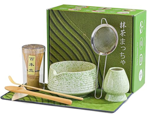 BEWOS - Set da 8 pezzi per frusta Matcha - Tazza in ceramica 18 oz con beccuccio, setacciatore, portautensili, frusta in bambù | cucchiaino, kit Cerimonia tè giapponese per amanti (verde macellato)