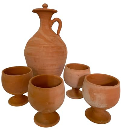 Set Berbero Marocchino in Terracotta, Brocca 2,5L con 4 Bicchieri, Fatto a Mano, Caraffa 31cm con Bicchieri 11cm