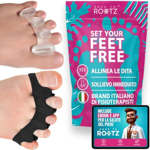 ROOTZ Kit Correttore Alluce Valgo e Separatore Dita Piede (2 Paia, 2 Modelli) Distanziatore per Sollievo dal Dolore e Allineamento Dita in Silicone (Nero + Bianco)