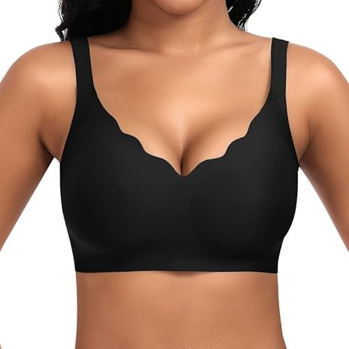 Cavotor Jelly Bras for Women Non Wired Seamless Support Wireless Bra for Large Breasts Comfort Soft Bras Ladies T Shirt Bralettes with Extra Extender (Unpatterned Black,M)