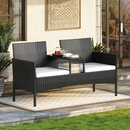 Aoxun 2 Seater Rattan Garden Bench, Extra Wide Outdoor Loveseat with Storage Side Table, Comfortable Patio Furniture Set with Cushions and Rain Cover for Garden Balcony Backyard (Off-white)