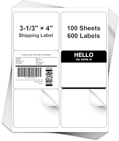 Anylabel 3-1/3 x 4 Shipping Address Labels for Laser & Inkjet Printer - 6 Per Page Mailing Labels for Packages Permanent Adhesive, 6 up 3-1/3 x 4 Stickers Paper (100 Sheets, 600 Labels)