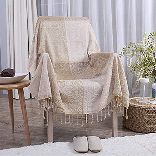 ele ELEOPTION Chenille Jahrgang Jacquard Quasten Überwurf Decke, Stammesmuster Doppelseitiges Patchwork Sofaüberwurf, Ideal für Haus Dekoration, Bett, Sofa, Couch, Stuhl (Beige, 150cx 190cm)