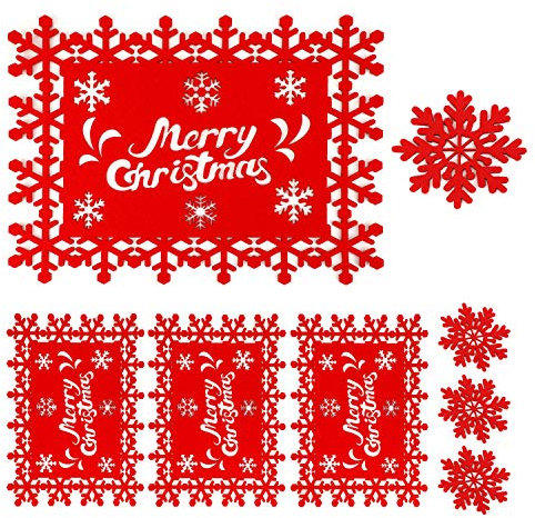 HOWAF Table Set Christmas Place Mats Washable Felt Set of 4 Red Snowflake Motif Table Coasters, 4 Christmas Placemats 34 x 26 cm + 4 Felt Coasters for Christmas Table Decoration Christmas