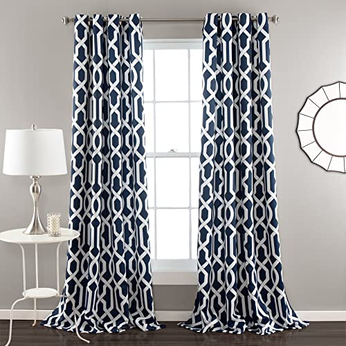 Lush Decor Edward Trellis Curtains Light Filtering Window Panel Set for Living, Dining, Bedroom (Pair), Navy, 52W x 95L
