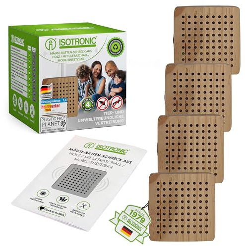 ISOTRONIC Mäuseabwehr/Rattenabwehr 4 Stück mit Ultraschall im Holzgehäuse, Schädlingsvertreiber elektronisch für Haus, Keller, Garten, Mäuse Ratten vertreiben ohne Chemie/Mausefalle (4)
