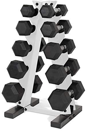 CAP 150 LB Rubber Coated Hex Dumbbell Hand Weight Set with Vertical Storage Rack - Chrome Handle | White Rack