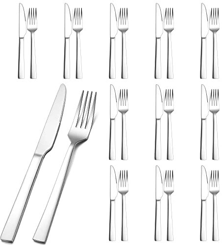 Steakbesteck, Herogo 24-teilig Edelstahl Steakbesteck Set für 12 Personen, Silber Steakmesser und Steakgabeln, Hochwertig Messer Gabeln Set für Pizza/Steak, Rostfrei & Spülmaschinenfest
