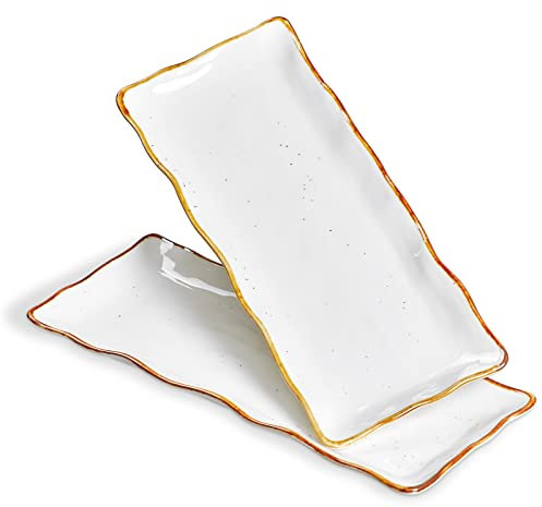 ONEMORE Lot de 2 plateaux de service rectangulaires en céramique blanche, 38 cm, grandes assiettes à dîner en porcelaine, plateaux de fête pour dessert, buffet, entrée, steak