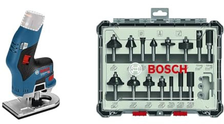 Bosch Professional 12V System GKF 12V-8 - Fresadora de cantos a batería (pinzas Ø 6 mm / 8 mm, sin batería, en caja) + Set Mixto de Brocas de 15 Piezas (para madera, vástago de Ø 8 mm, Accesorios)