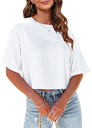 Tankaneo Dam halvärm, beskuren T-shirt droppe axel rund hals magtröja vardaglig sommar enfärgade basplagg