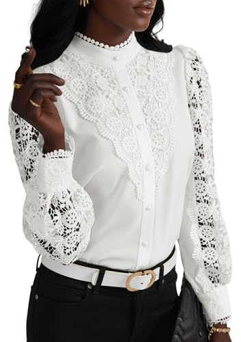 Rooscier Women's Lace Elegant Dressy Blouse Mock Neck Long Sleeve Button Down Work Business Crochet Shirt Top Solid White Large