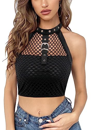 Naimo Maglia da pesca da donna in rete a crop top sexy Hollow Out Halter Top Gothic Punk Top, Nero , S