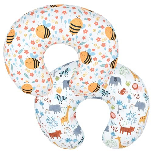 2 Stück Stillkissenbezug für Neugeborene U-förmig dehnbar austauschbar Wald- und Blumen-Kissenbezug, 57,7 x 45,7 cm