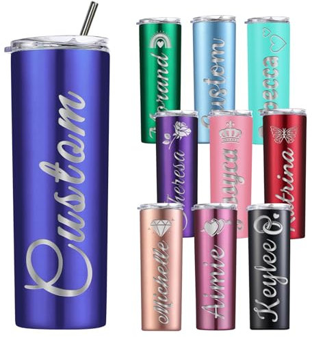 Bicchiere personalizzato con coperchio e cannuccia Tumbler skinny personalizzati nome inciso tazze in acciaio inox isolato 20 oz blu scuro uomini donne compleanno Natale San Valentino regali