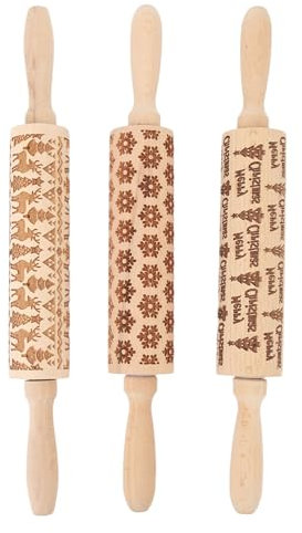 3Pcs Embossed Rolling Pin for Baking, Wooden Deep Engraved Christmas Embossing Roller for Cookies,Fondant,Pie,Pastry,Dough,Clay