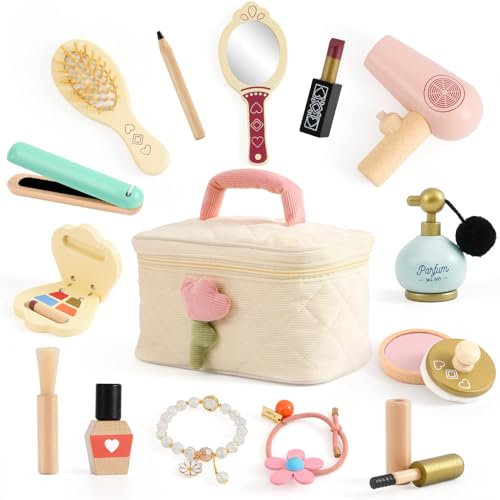Atoylink Kinderschminke Set Mädchen Schminkset Kinder Holz Makeup Schminke Spielzeug mit Friseur Set Kinder Schminkkoffer HolzschminkeSpielset Holzspielzeug Geschenk für Mädchen ab 3 4 5 6 7 Jahre