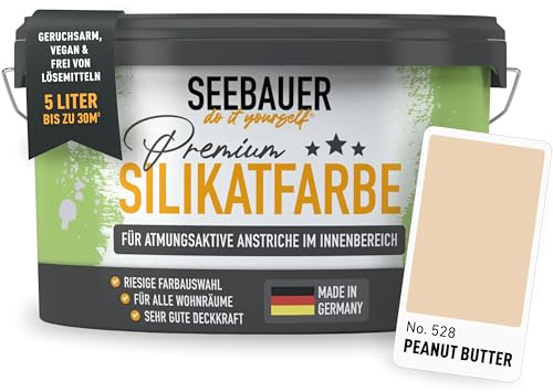 SEEBAUER diy Silikatfarbe Orange 5L für Innen (No. 528 Peanut Butter) Atmungsaktive Mineralfarbe für Allergiker - Abwaschbare Wandfarbe - Orangetöne hohe Deckkraft