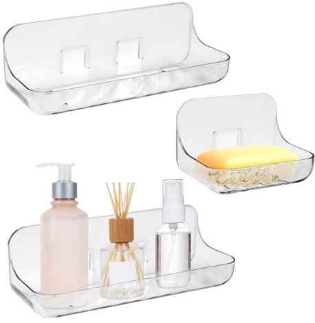 EUIEUT 3 Pcs Etagère sans Perçage en Plastique, Support de Douche Transparent Adhésive, Tablette Salle de Bain, Rangement Salle de Bain sans Percage, 2 Tailles, pour Chambre Salon Cuisine