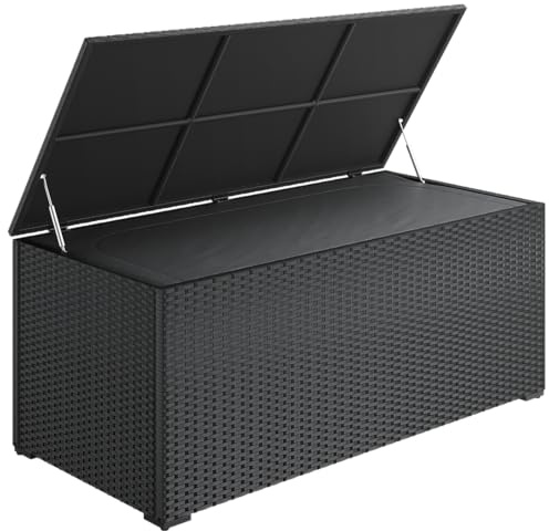 STEELSØN Serion Gartenbox 615 L – XXL Truhe für Gartenauflagen & Kissen wetterfest – Outdoor Box aus Polyrattan für Garten/Balkon/Terrasse – Auflagenbox Schwarz mit klappbarem Deckel 155x73x61 cm