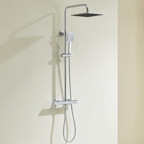Auralum Regendusche Komplettset mit Verbrühschutz-Thermostat Armatur, Duschsystem Verchromt mit 25x25cm Duschkopf, Handbrause, Edelstahl Duschstange und Duschschlauch