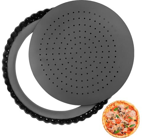 LEKEFETO Molde para quiche de 9 pulgadas con base extraíble, bandeja para hornear pizza, molde redondo para tarta con revestimiento antiadherente y orificios de ventilación, moldes para quiche - negro