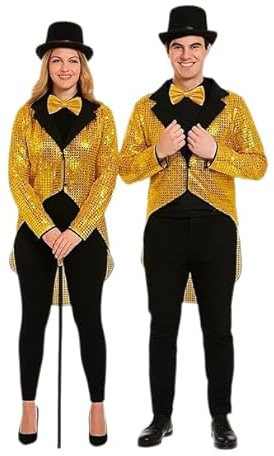 labreeze 2x Sequin Tailcoat Costume, Gold and Black, Unisex One Size, Performance Attire with Bow Tie and Top Hat