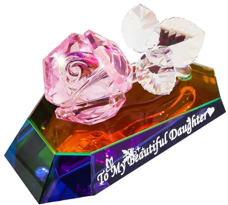 Movdyka Multicolor Crystal Rose Figurines Gifts for Daughter from Mum Birthday Graduation Presents Keepsakes Decorative Glass Flower Ornaments for Home Living Room Party
