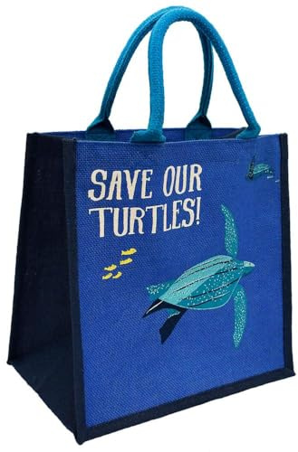 Shared Earth Jute Shopping Bag with Turtle Print, Save The Turtles!, 30 x 30 x 20 cm, Natural